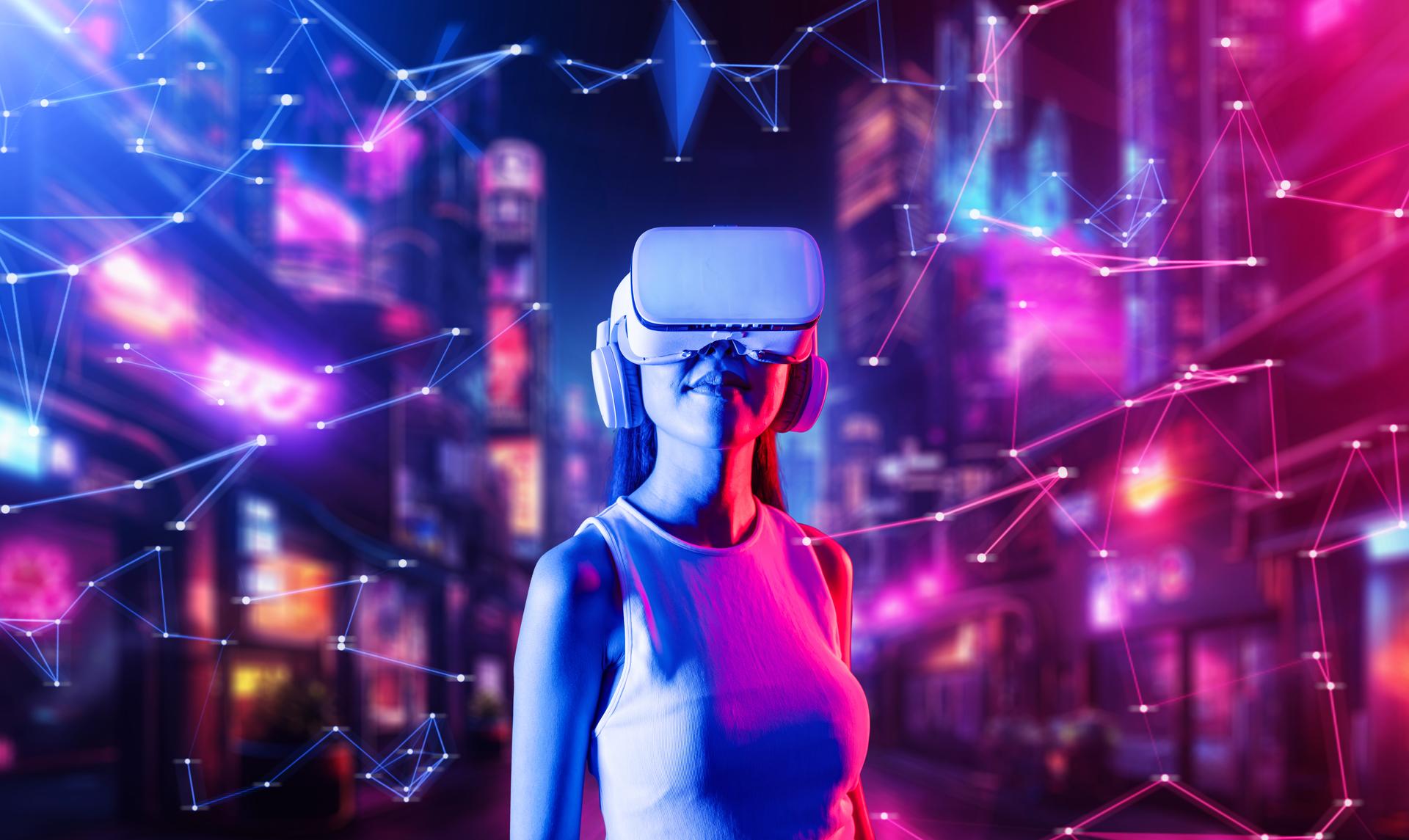 Smart female connect metaverse look faraway to virtual building. Hallucination.