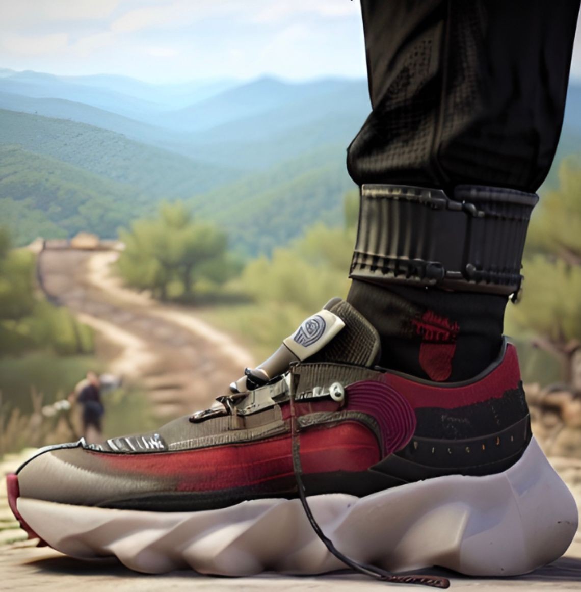 Close-up of a person wearing a futuristic sneaker on a trail with scenic mountains in the background.